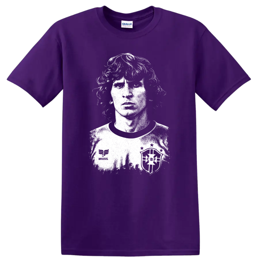 Retro soccer legend portrait of Arthur Antunes Coimbra black and white T shirt design on a Purple T Shirt