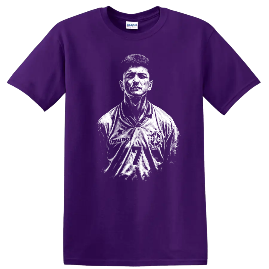 Retro soccer portrait of Romário de Souza Faria, legend style T shirt design on a Purple T Shirt