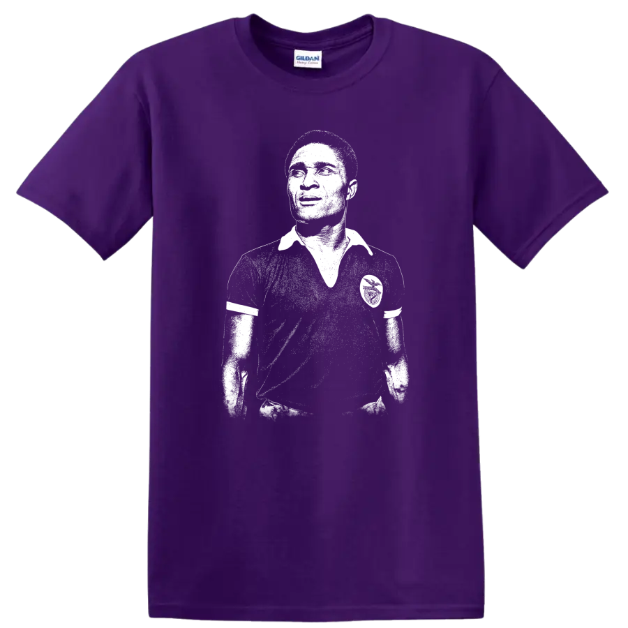 Retro black-and-white soccer legend portrait of Eusébio da Silva Ferreira T shirt on a Purple T Shirt