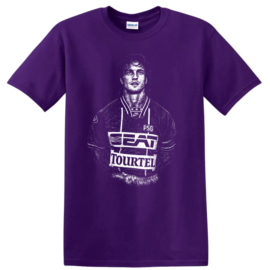 Retro soccer portrait style graphic inspired by David Ginola T shirt on a Purple T Shirt