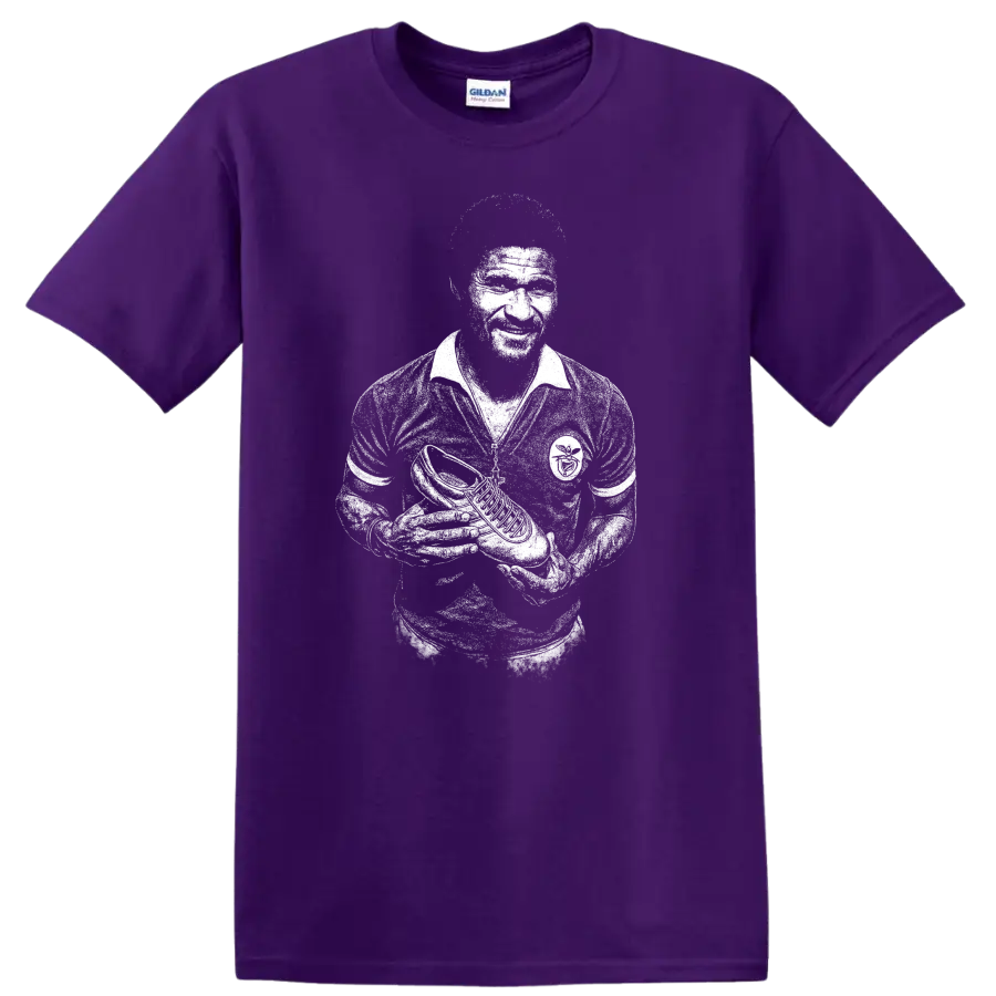 Retro black and white portrait of Eusébio da Silva Ferreira on T Shirt on a Purple T Shirt