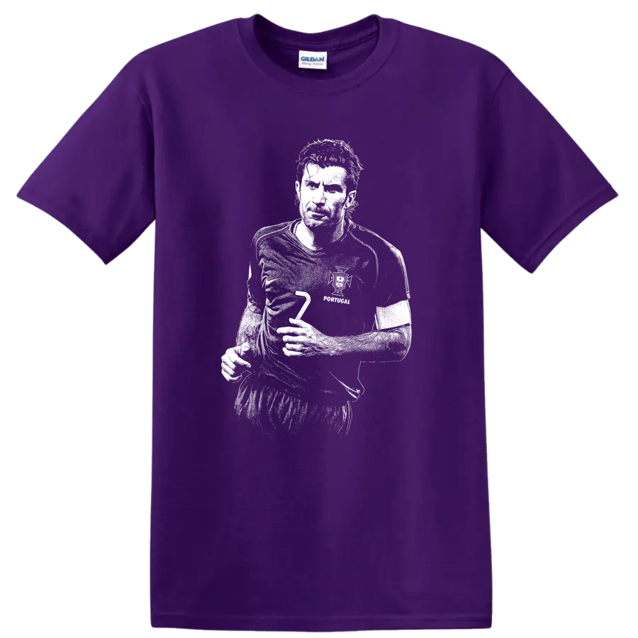 High-contrast retro soccer portrait of Luís Figo style graphic T-shirt design on a Purple T Shirt