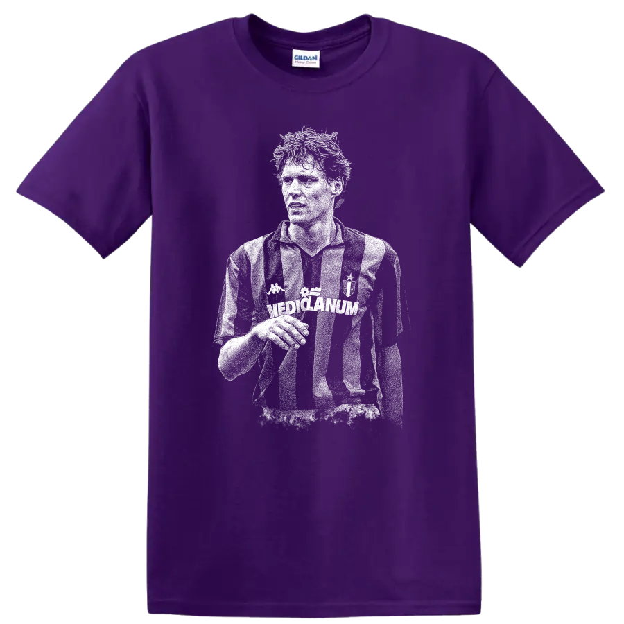 Black and white retro soccer portrait of Marco van Basten T shirt design on a Purple T Shirt
