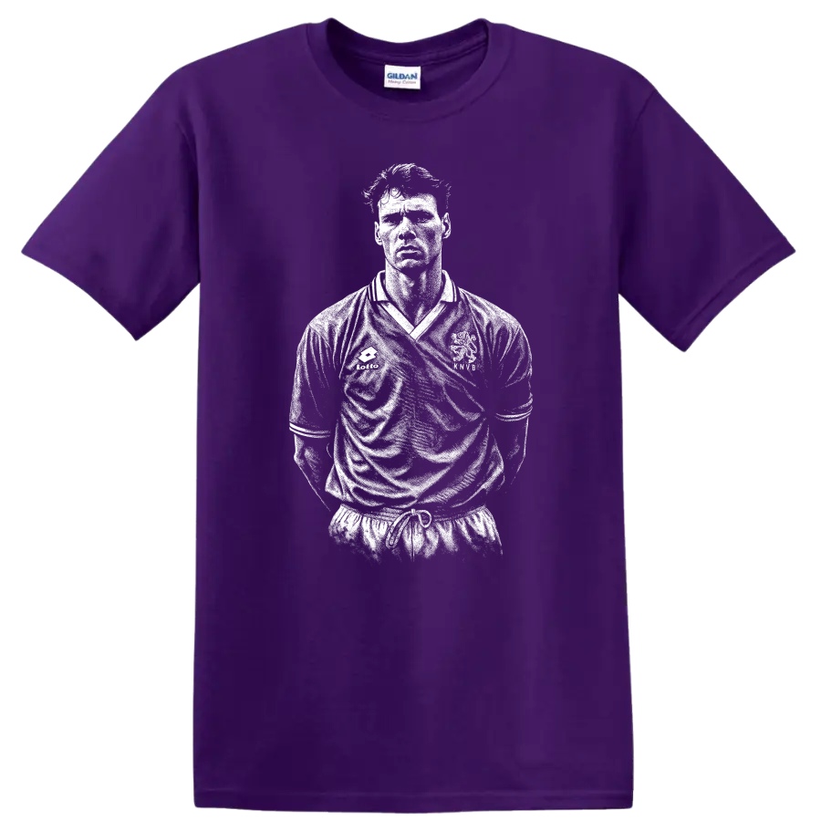 Retro black and white soccer portrait of Marco van Basten T Shirt on a Purple T Shirt