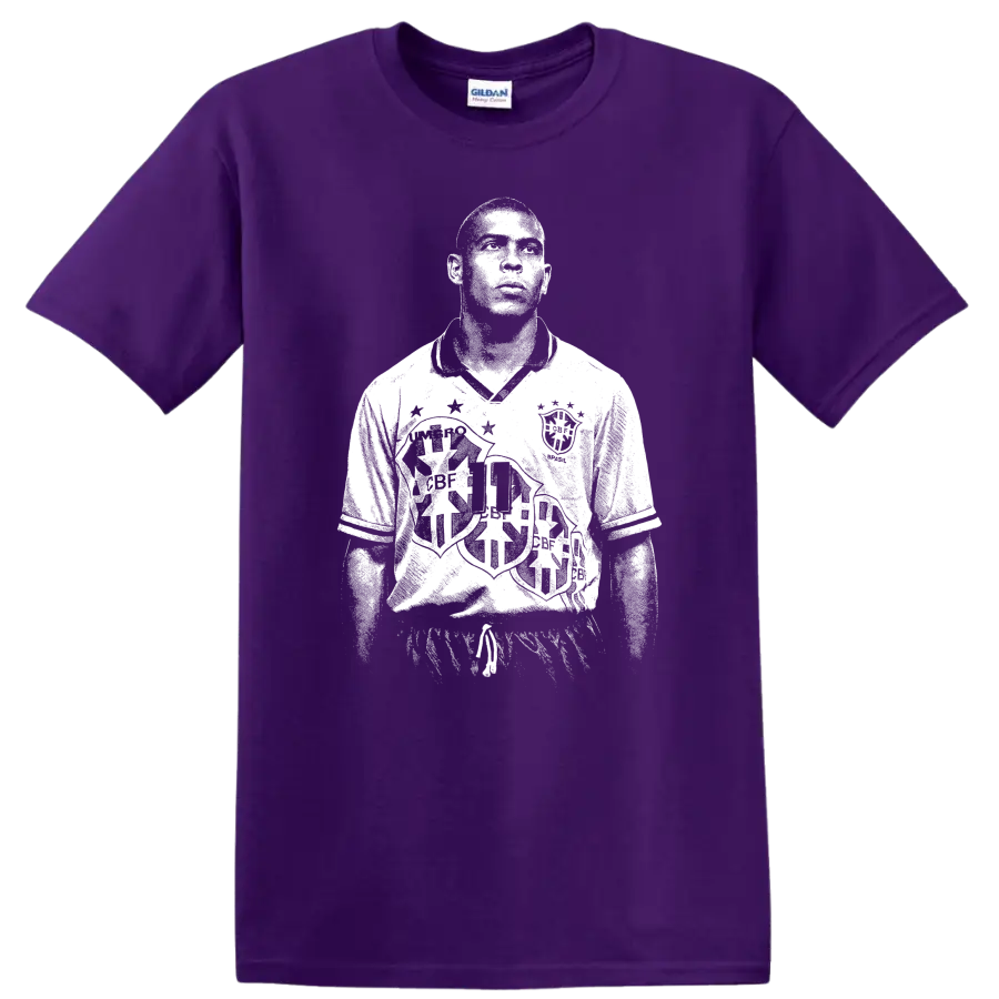 Retro soccer portrait of Ronaldo Nazário legend style T-shirt on a Purple T Shirt