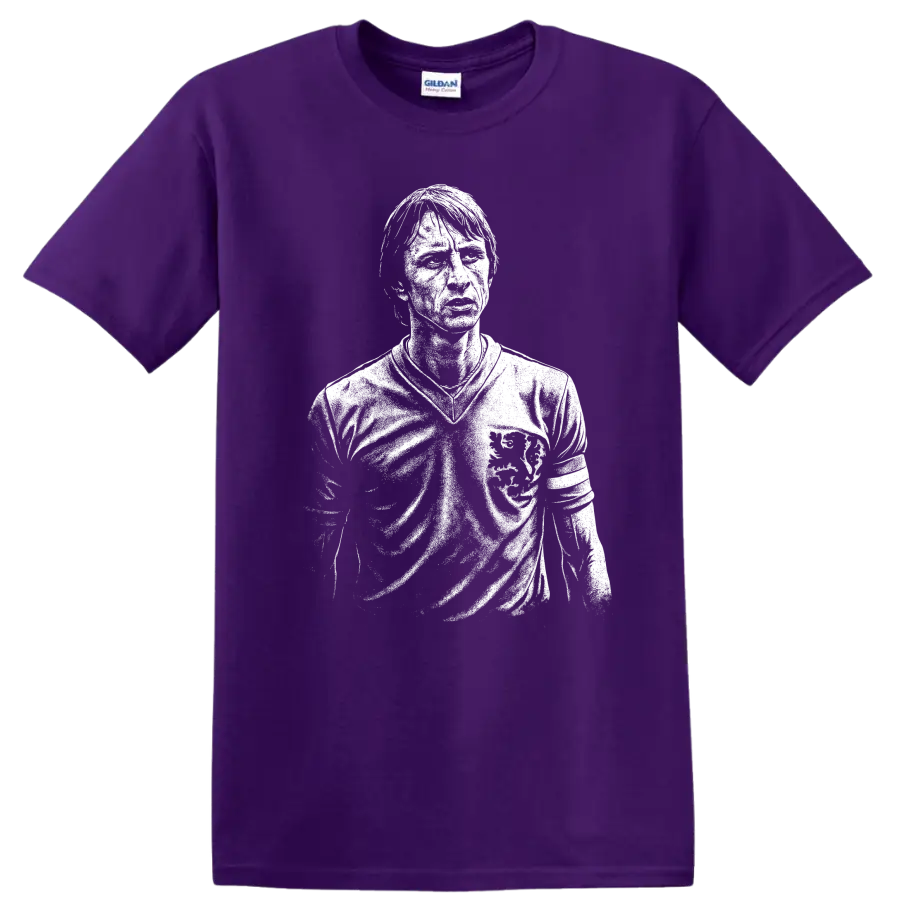 Black and white retro soccer portrait graphic T shirt inspired by Johan Cruyff on a Purple T Shirt