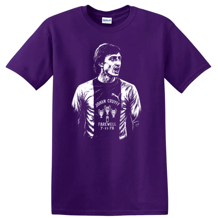 Retro black and white soccer legend portrait graphic T shirt on a Purple T Shirt