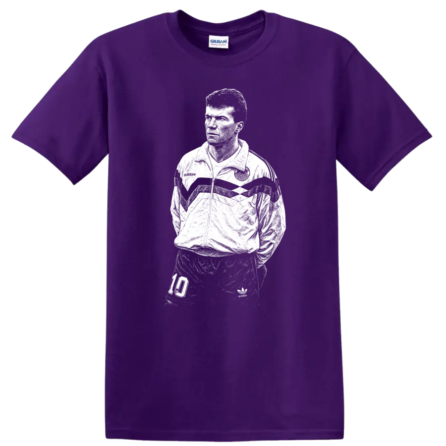 Retro soccer legend portrait graphic T Shirt inspired by Matthias Herget on a Purple T Shirt