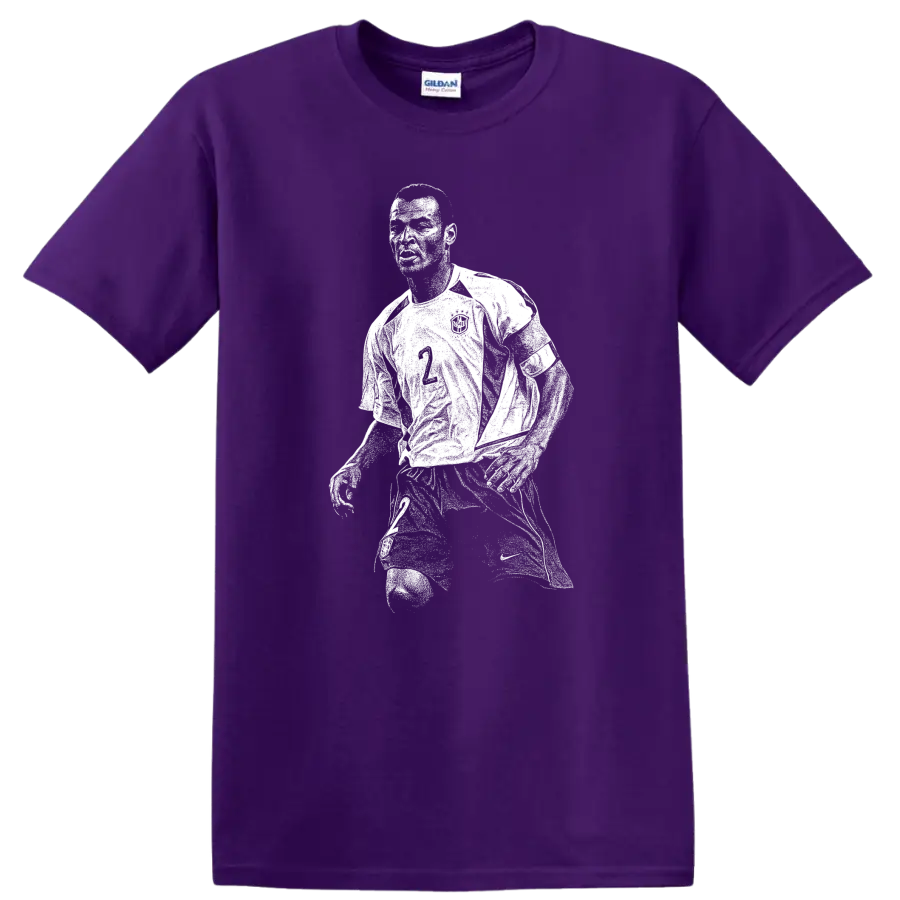 Retro pixel-style Ronaldo Nazário soccer portrait on black T shirt on a Purple T Shirt
