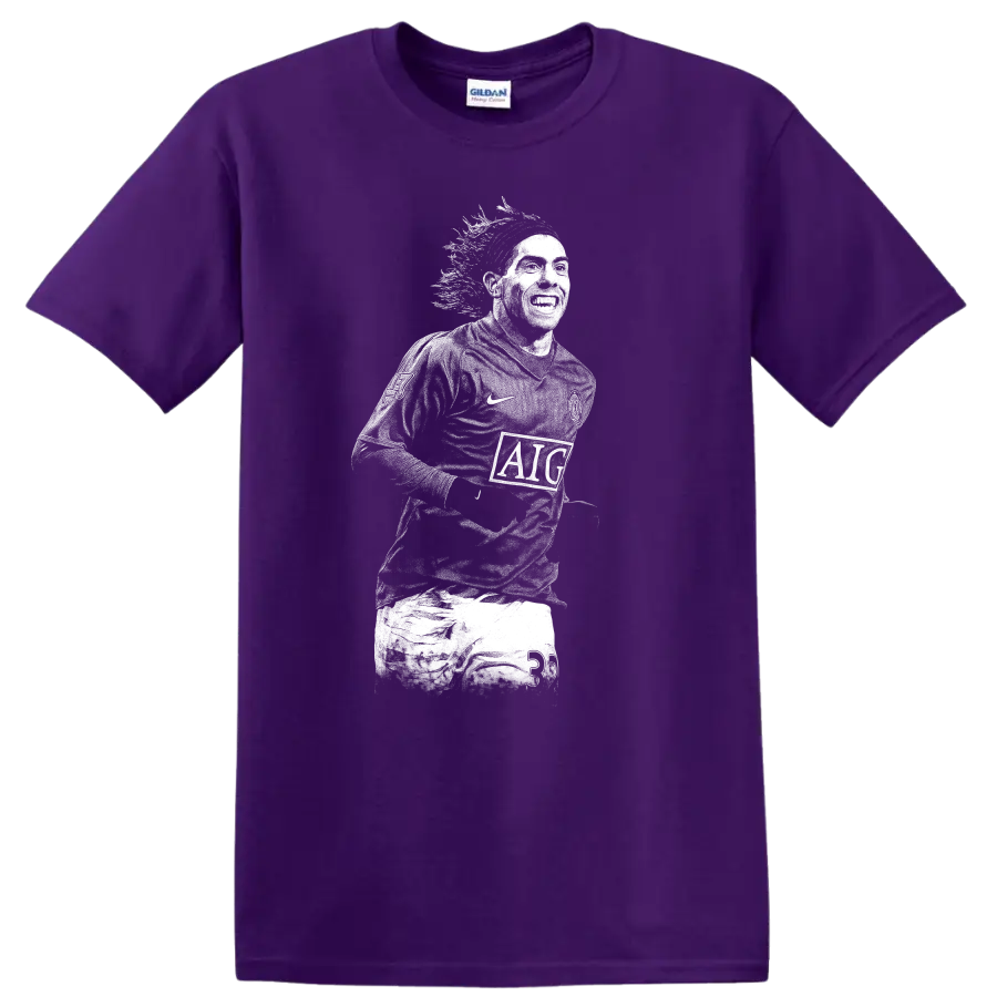 Retro soccer legend portrait of Carlos Alberto Tévez on T shirt on a Purple T Shirt