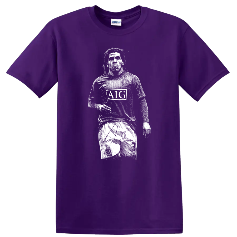 Retro soccer legend portrait style graphic featuring Carlos Alberto Tévez T shirt on a Purple T Shirt