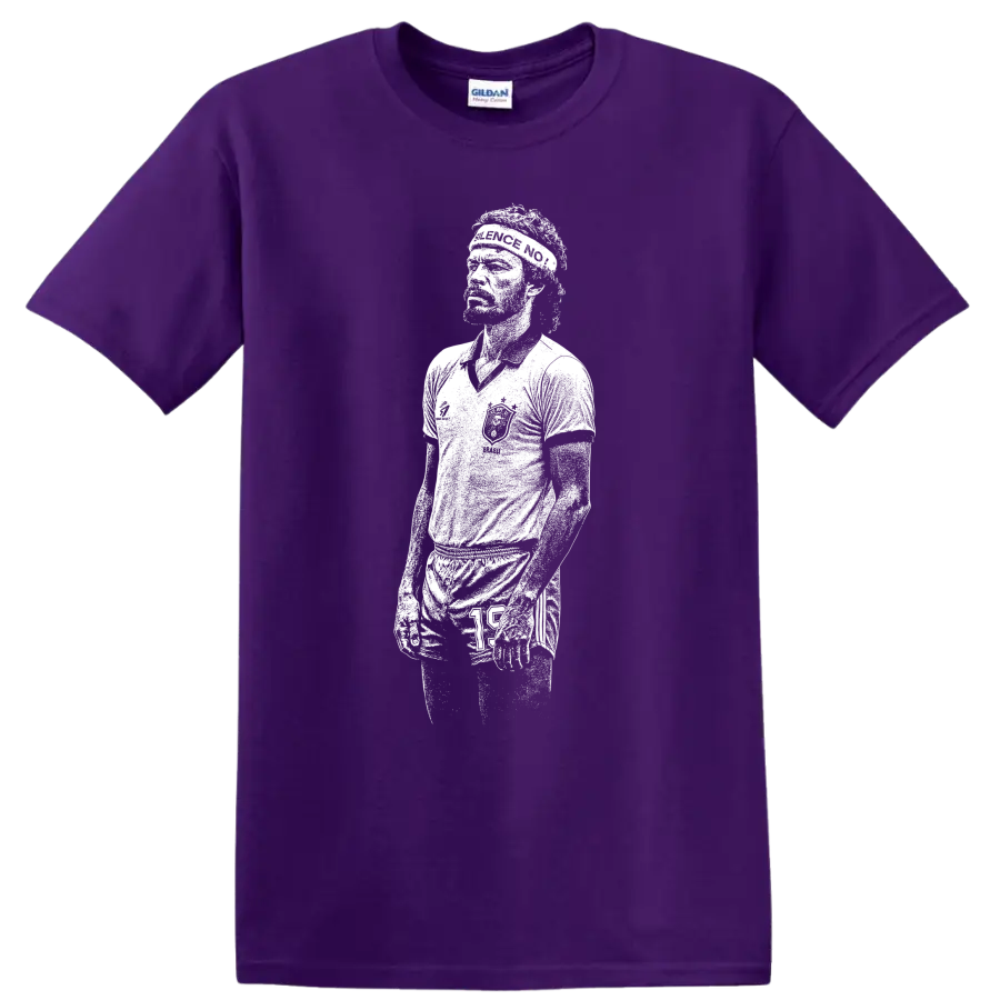 Retro soccer legend portrait graphic of Sócrates Brasileiro on T-shirt on a Purple T Shirt