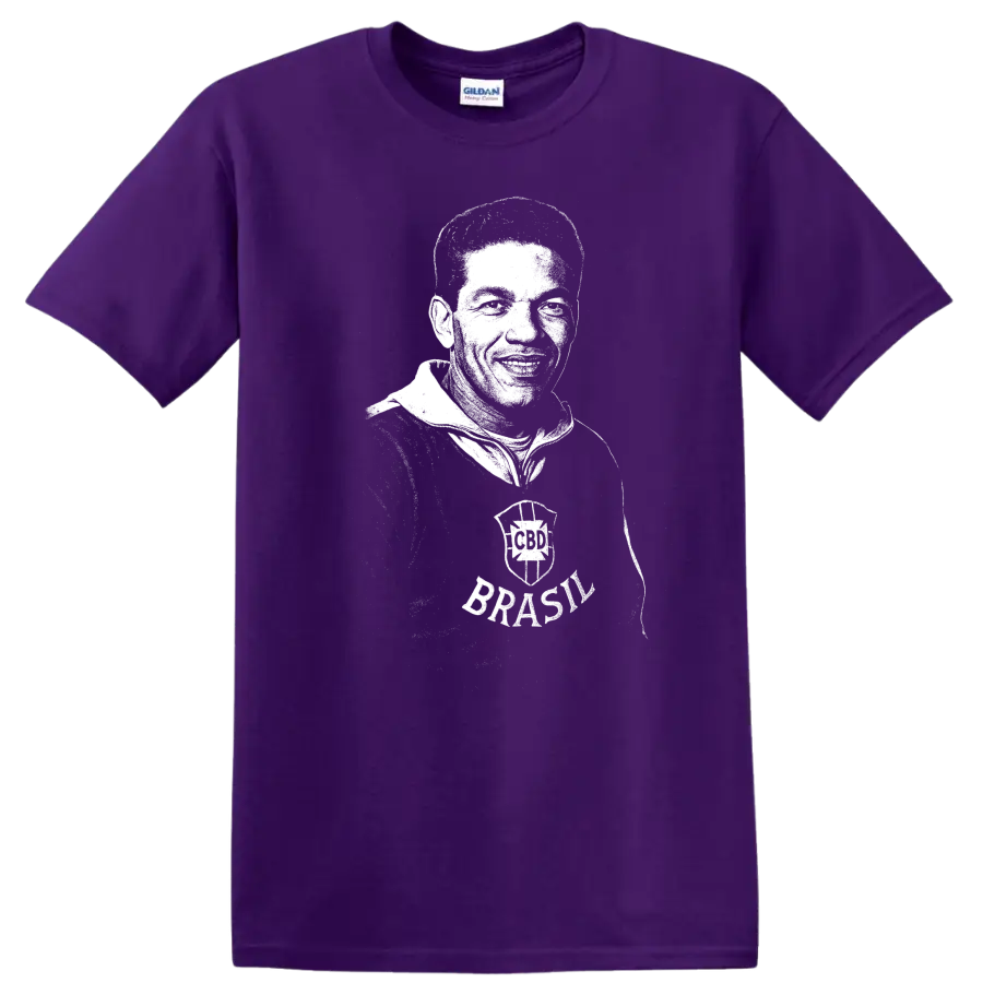Black and white retro soccer legend portrait graphic T Shirt on a Purple T Shirt
