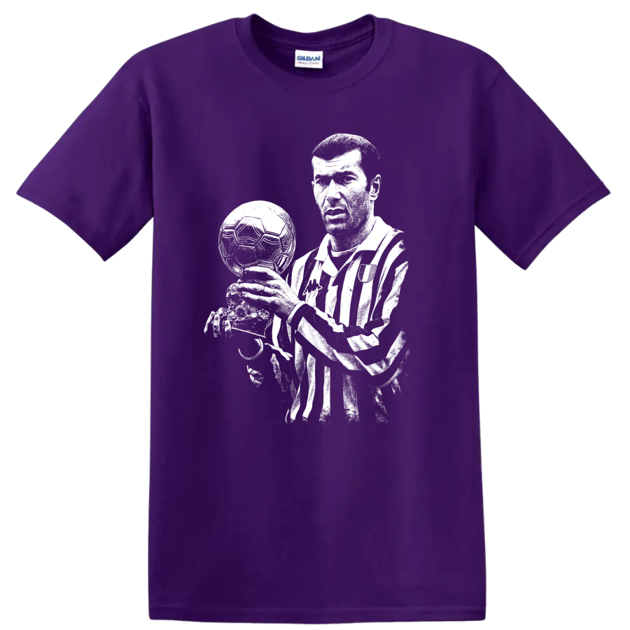 Black and white retro soccer portrait of Zinedine Zidane style T Shirt on a Purple T Shirt