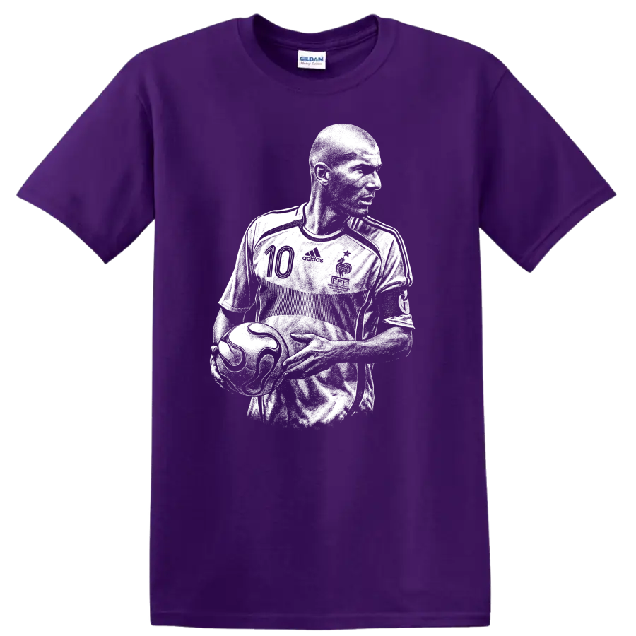 Retro soccer portrait of Zinedine Zidane in bold black and white style T Shirt on a Purple T Shirt