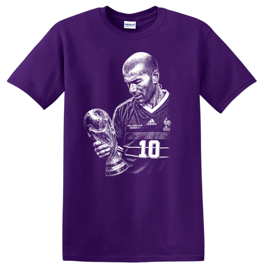 Retro black and white Zinedine Zidane soccer portrait T shirt graphic on a Purple T Shirt