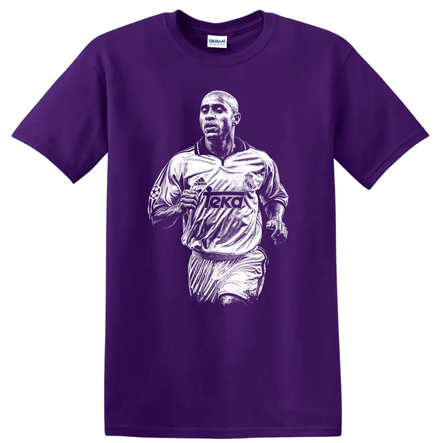 Retro soccer portrait of Roberto Carlos da Silva Rocha legend style T shirt on a Purple T Shirt