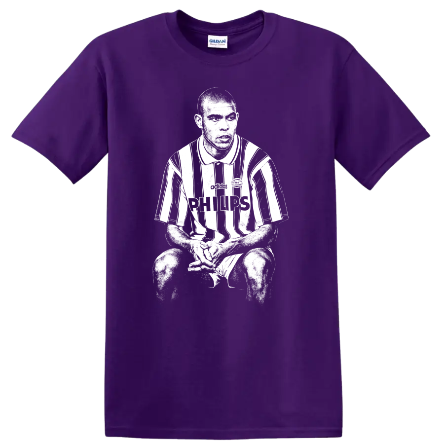 Black and white retro soccer portrait of Ronaldo Nazário style graphic T shirt on a Purple T Shirt