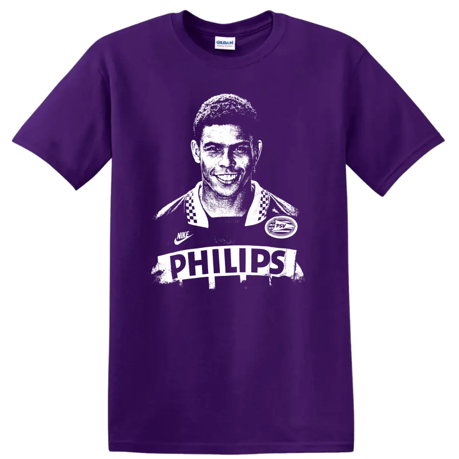 Retro soccer legend portrait design inspired by Ronaldo Nazário with bold vintage style T shirt on a Purple T Shirt