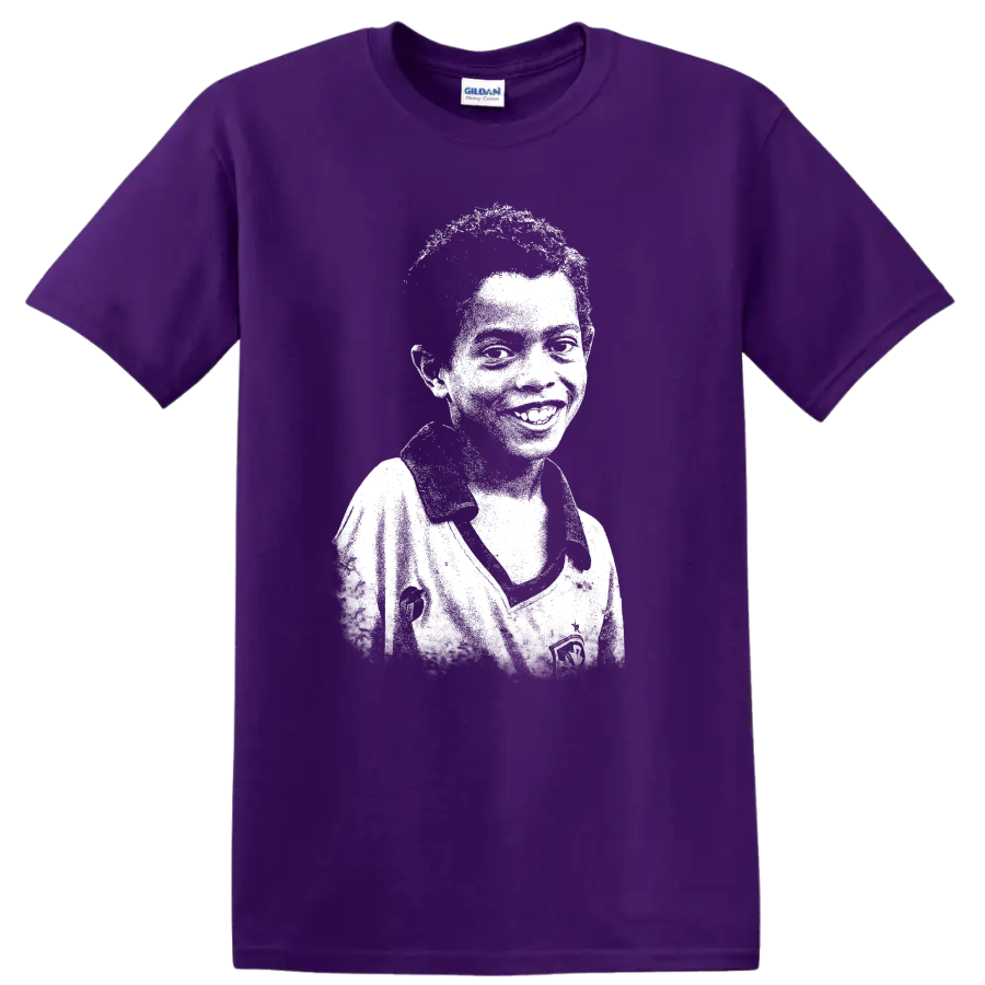 Retro pixel-style soccer legend portrait inspired by Ronaldo de Assis Moreira T Shirt on a Purple T Shirt