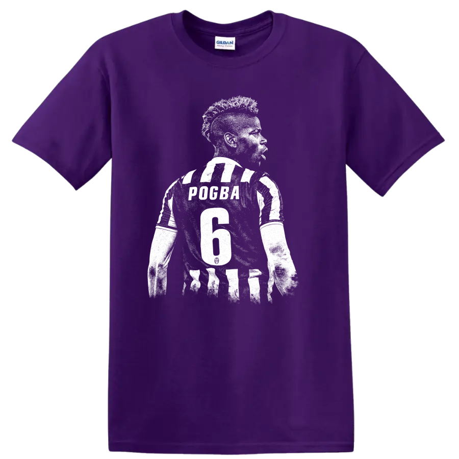 Black and white retro soccer portrait graphic inspired by Paul Pogba T Shirt on a Purple T Shirt