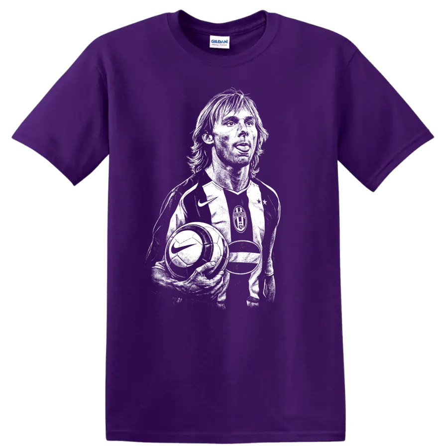 Black and white retro soccer portrait graphic T shirt featuring Pavel Nedvěd on a Purple T Shirt