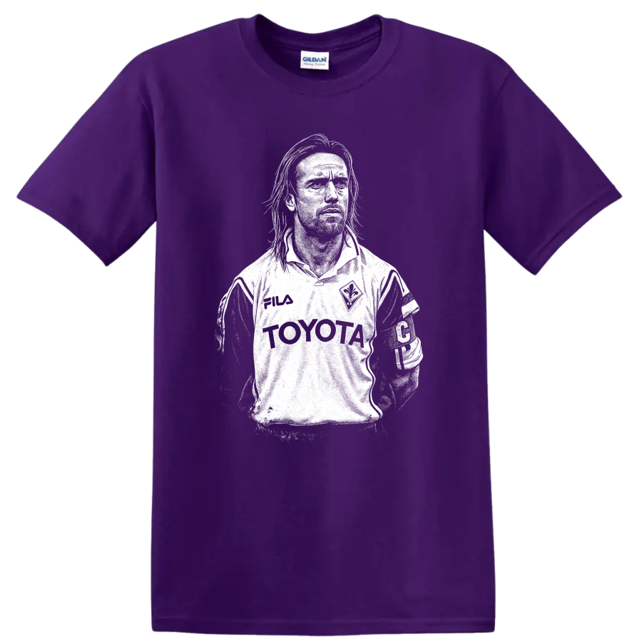Black and white retro soccer portrait of Gabriel Omar Batistuta T Shirt on a Purple T Shirt