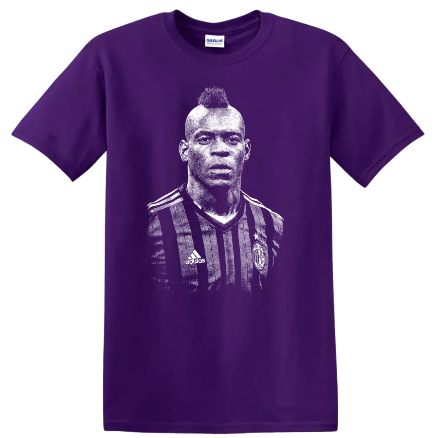 Retro soccer player portrait graphic inspired by Mario Balotelli on a T shirt on a Purple T Shirt