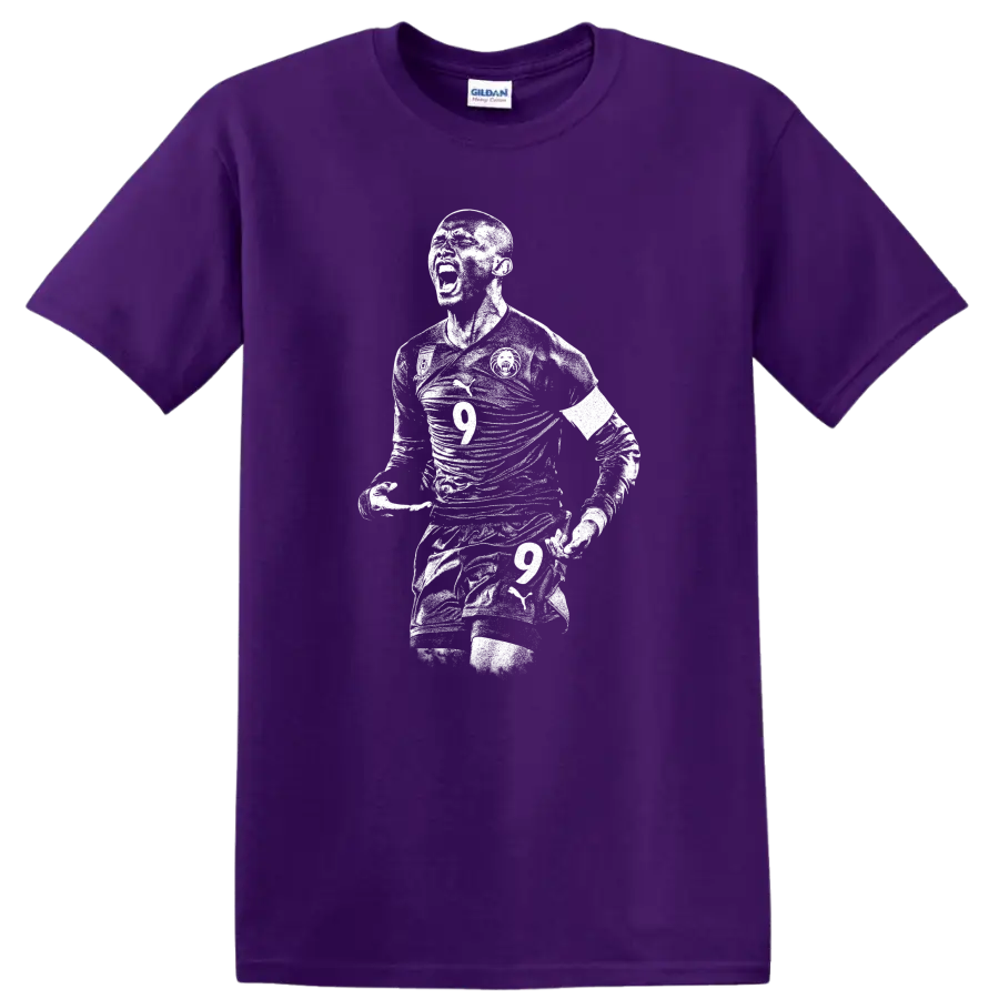 Black and white retro soccer player portrait graphic T shirt on a Purple T Shirt