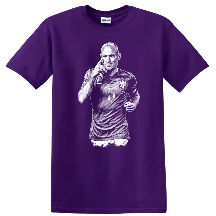 Retro soccer portrait of Arjen Robben style graphic T shirt on a Purple T Shirt