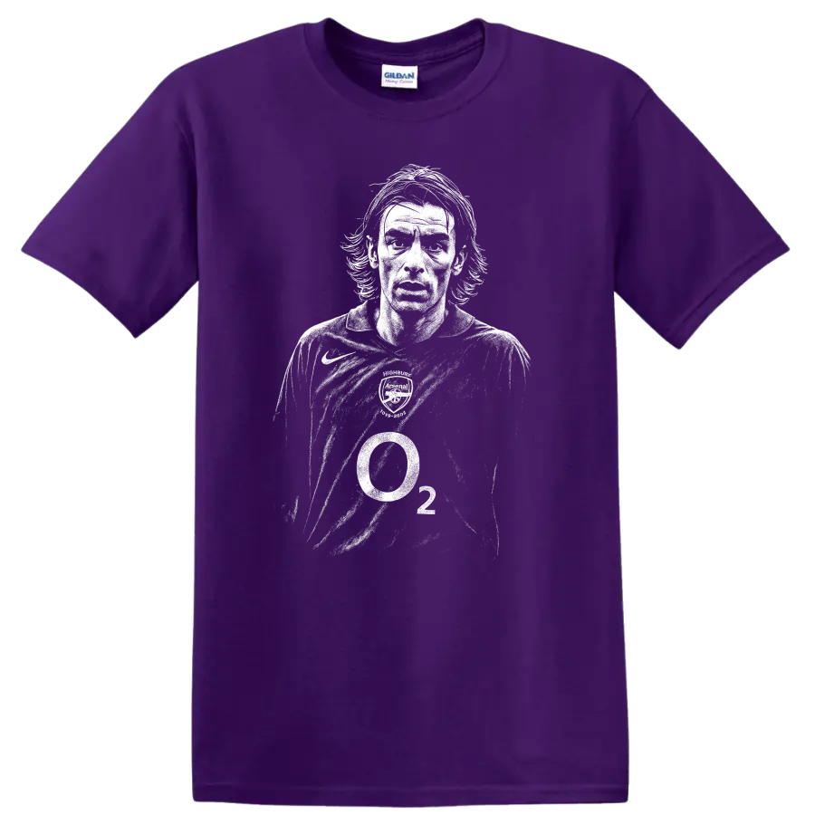 Retro soccer player portrait of Robert Pirès style in high-contrast black and white T shirt design on a Purple T Shirt