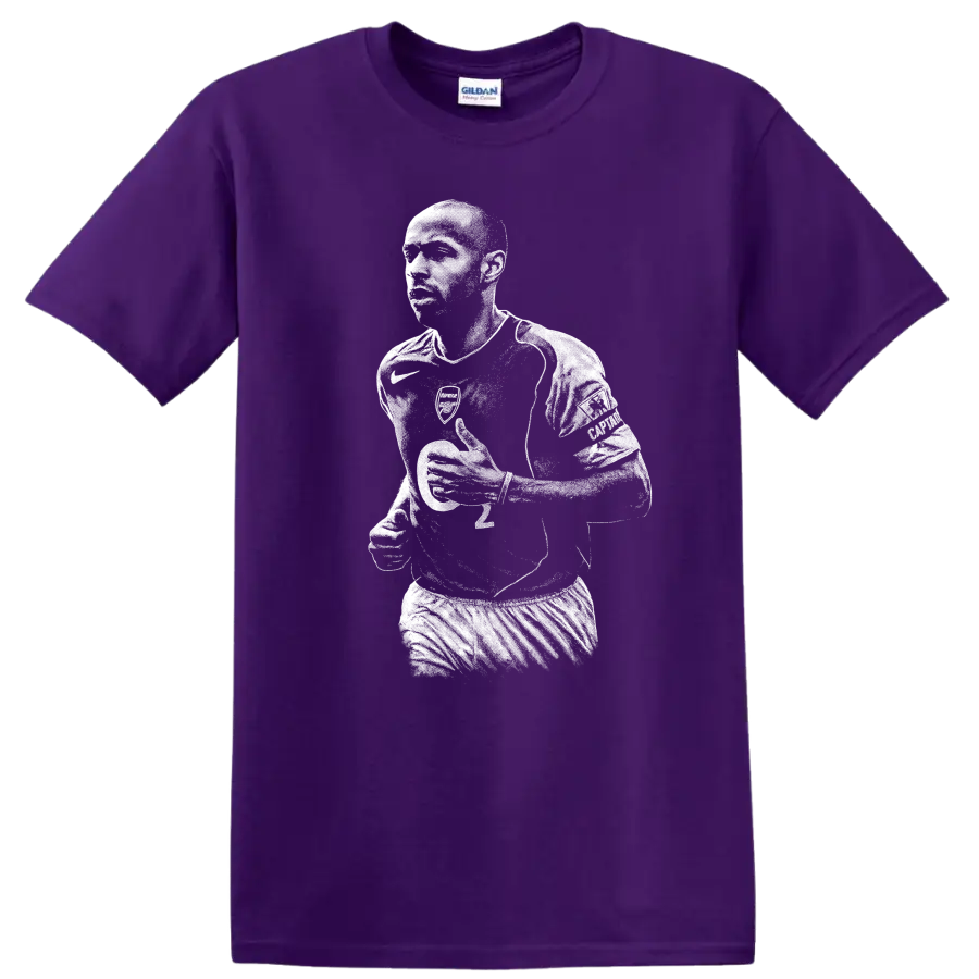 Black and white retro Thierry Henry soccer portrait T shirt on a Purple T Shirt