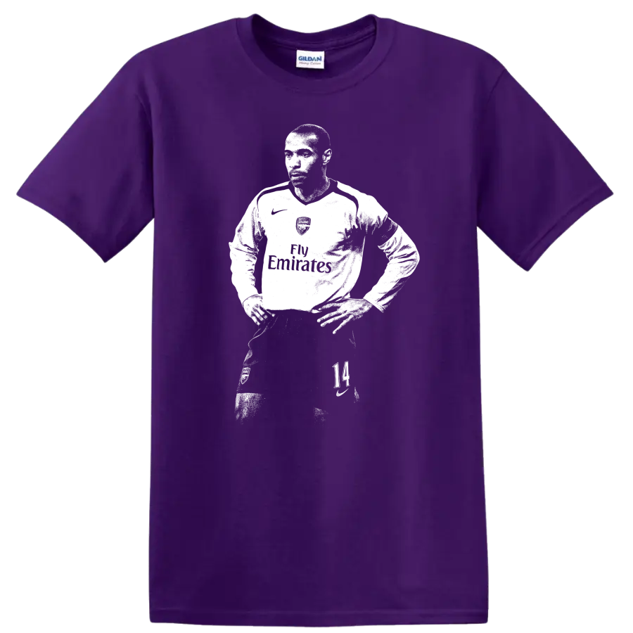 Retro black and white Thierry Henry soccer portrait style T shirt on a Purple T Shirt