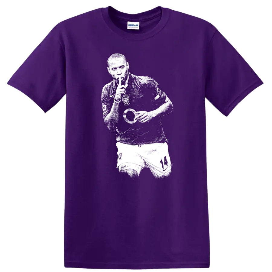 Retro soccer legend portrait style Thierry Henry T Shirt graphic on a Purple T Shirt
