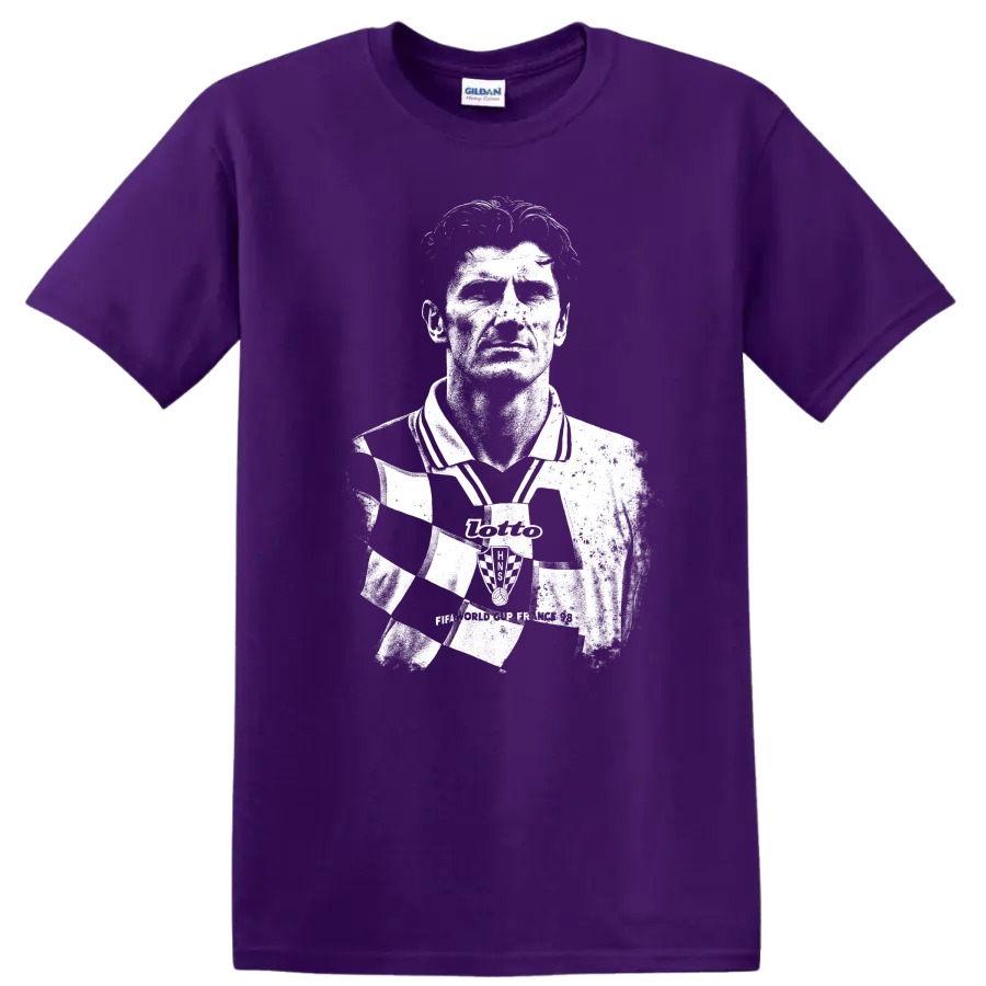 High-contrast retro soccer portrait of Davor Šuker graphic T Shirt on a Purple T Shirt