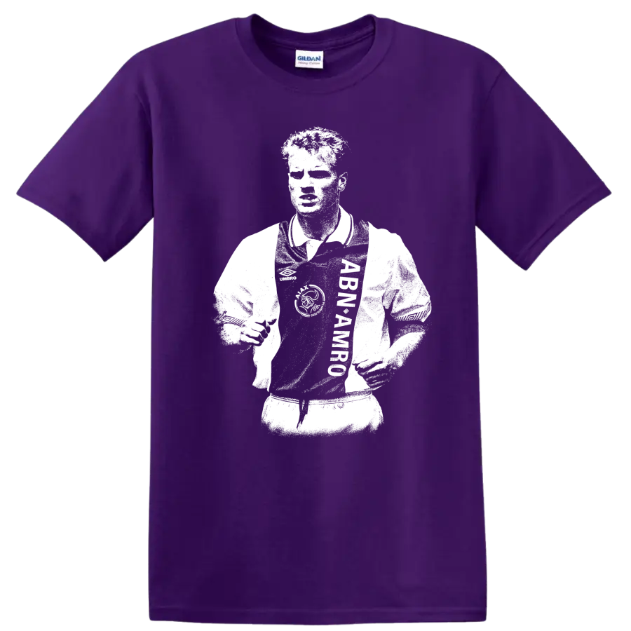 Retro black and white Dennis Bergkamp portrait T Shirt design on a Purple T Shirt