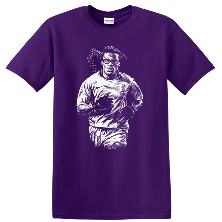 High-contrast retro soccer portrait of Edgar Davids inspired legend style T Shirt on a Purple T Shirt