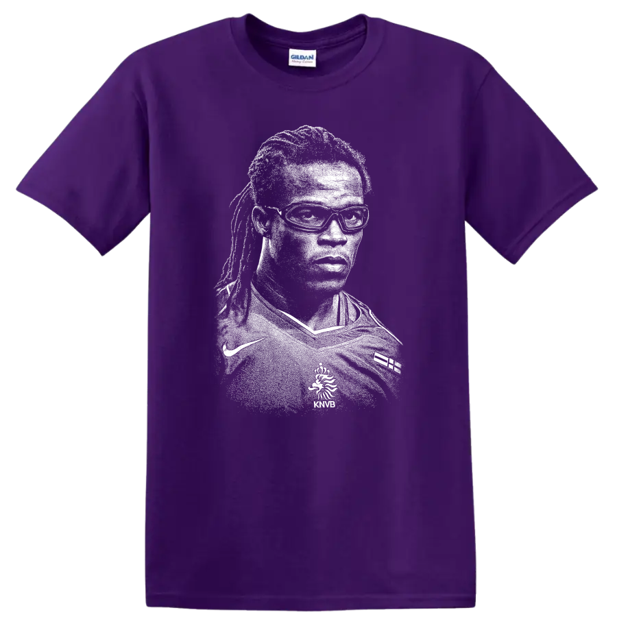Black and white retro soccer player portrait T shirt on a Purple T Shirt