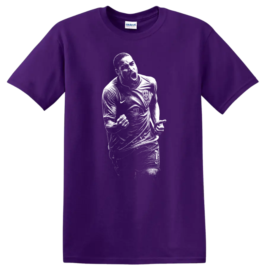 Retro soccer portrait of Adriano Leite Ribeiro style graphic T shirt on a Purple T Shirt