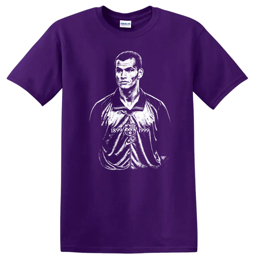 Retro black and white Rivaldo soccer portrait graphic T shirt on a Purple T Shirt