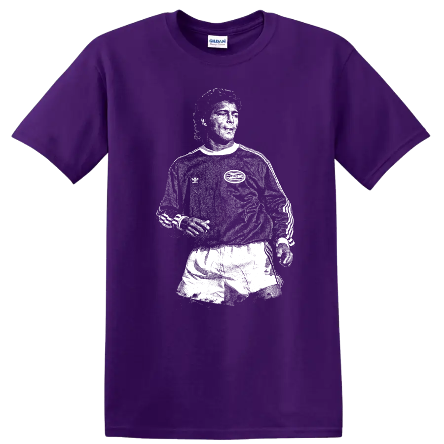 Retro soccer legend portrait of Romário in high-contrast black and white T Shirt design on a Purple T Shirt