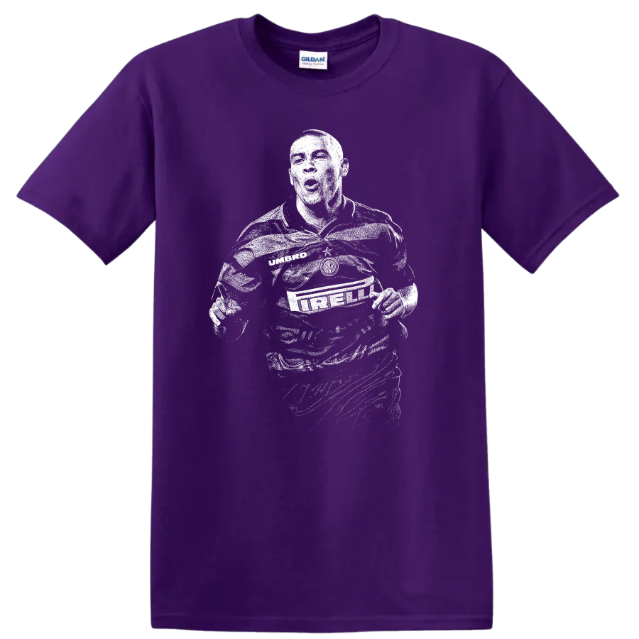 Retro soccer legend portrait of Ronaldo Nazário style graphic T shirt on a Purple T Shirt