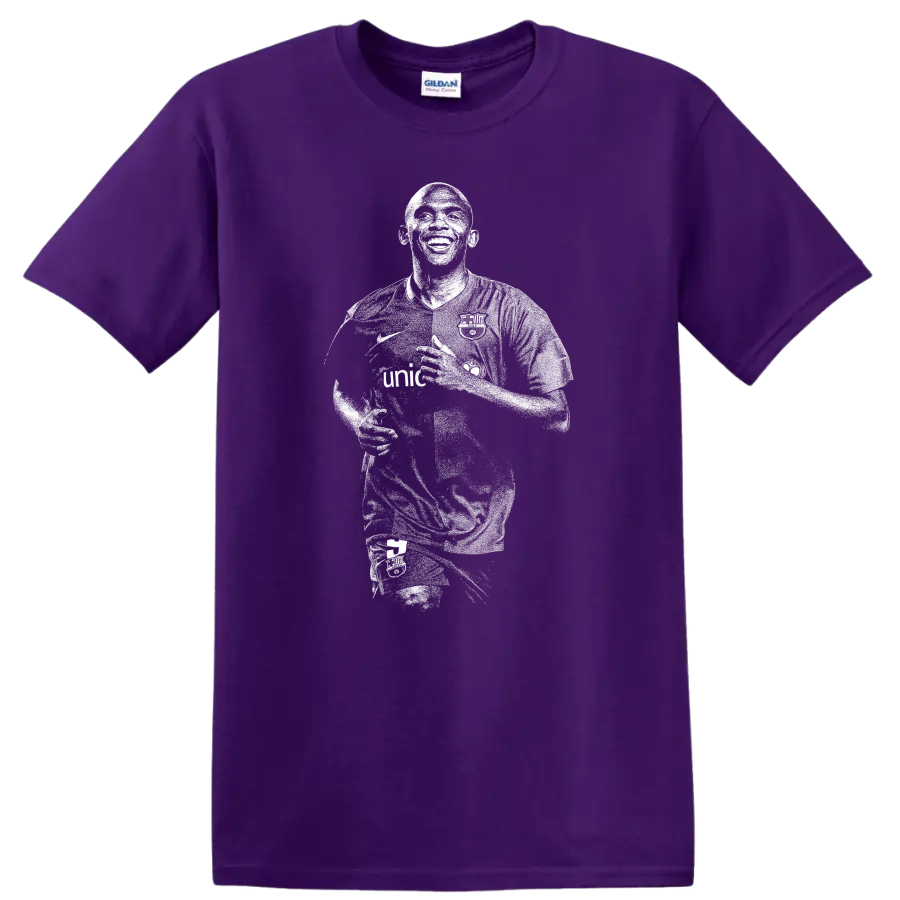 Retro soccer portrait style of Samuel Eto'o on a black T shirt on a Purple T Shirt
