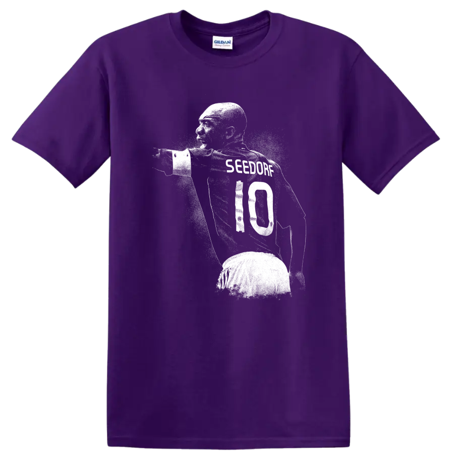 Retro soccer portrait design of Clarence Seedorf style T shirt on a Purple T Shirt