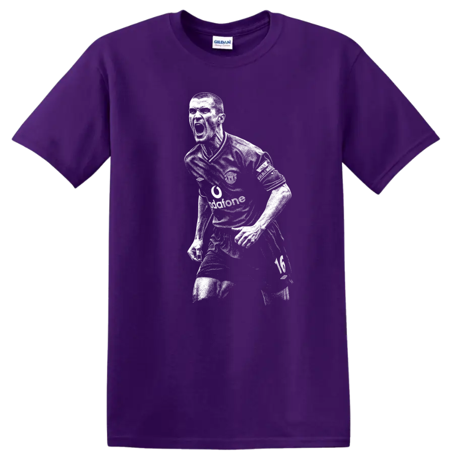 High-contrast retro soccer portrait of Roy Keane style T-shirt graphic on a Purple T Shirt