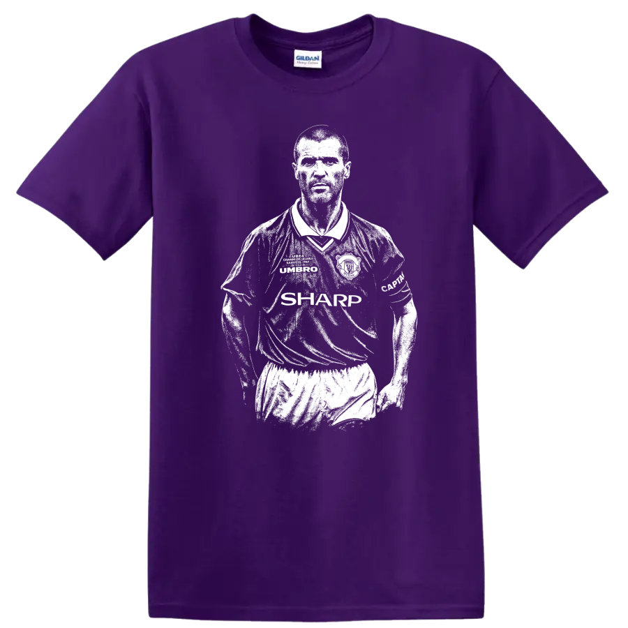 Black and white retro soccer portrait of Roy Keane style T shirt on a Purple T Shirt