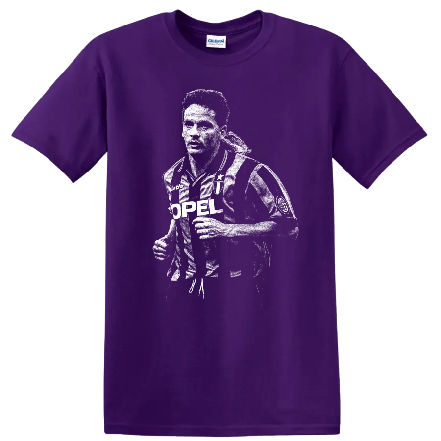 Black and white retro soccer portrait of Roberto Baggio on a T shirt on a Purple T Shirt