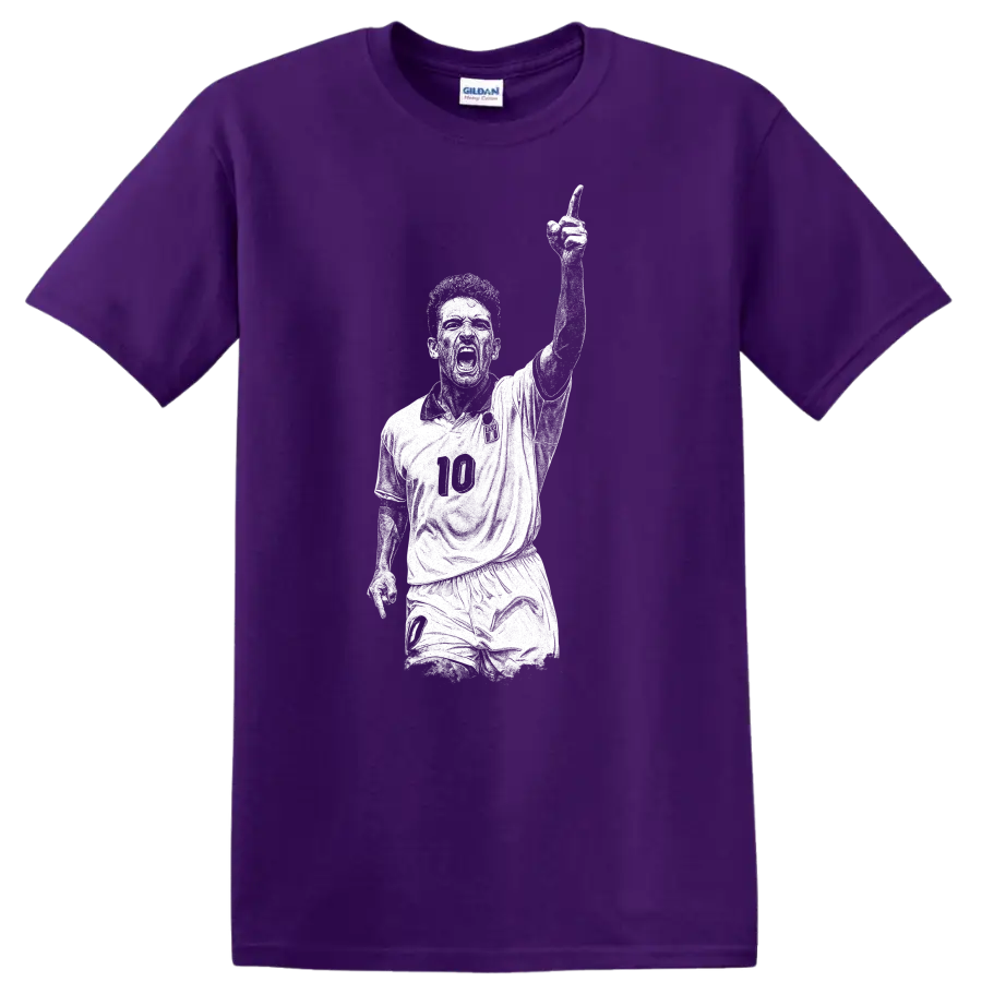 Retro soccer legend portrait of Roberto Baggio in bold black and white T Shirt design on a Purple T Shirt