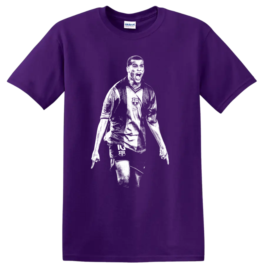 Black and white retro soccer portrait of Rivaldo style T shirt on a Purple T Shirt