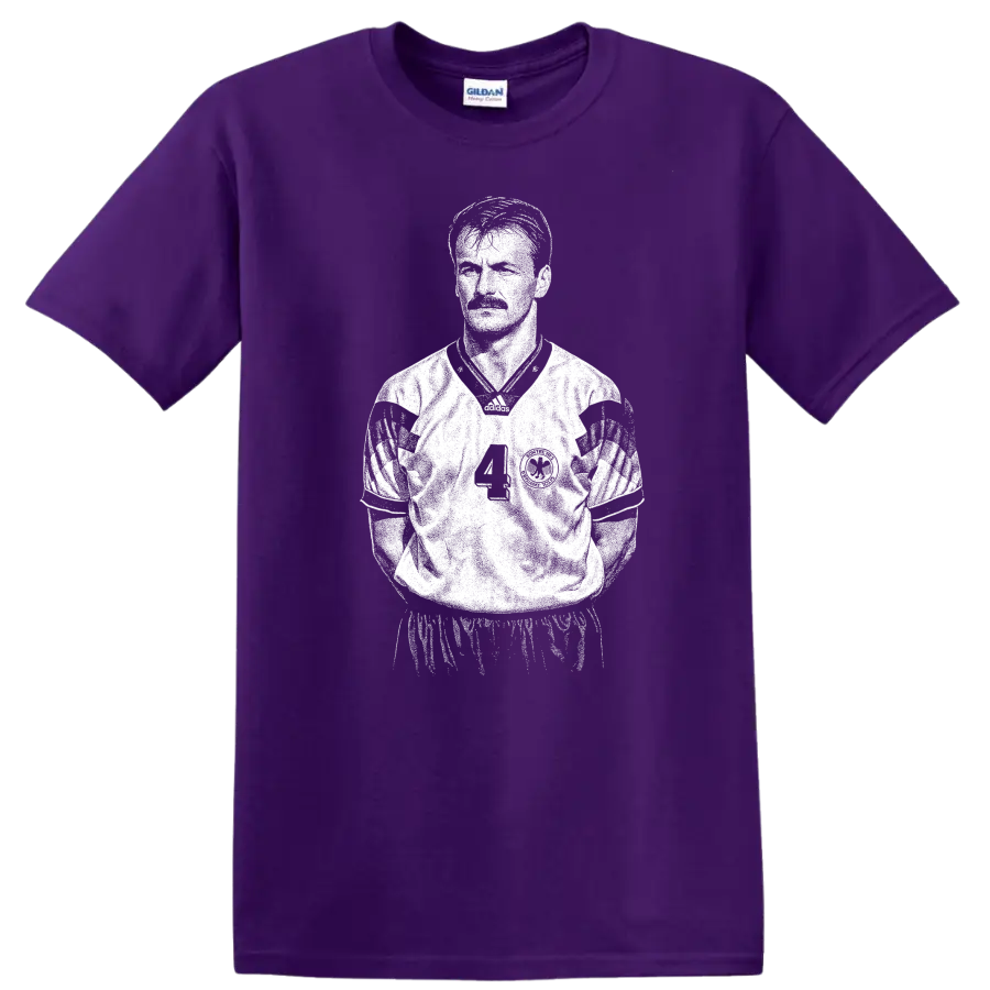 Retro soccer legend portrait style graphic featuring Jürgen Kohler on a T Shirt on a Purple T Shirt